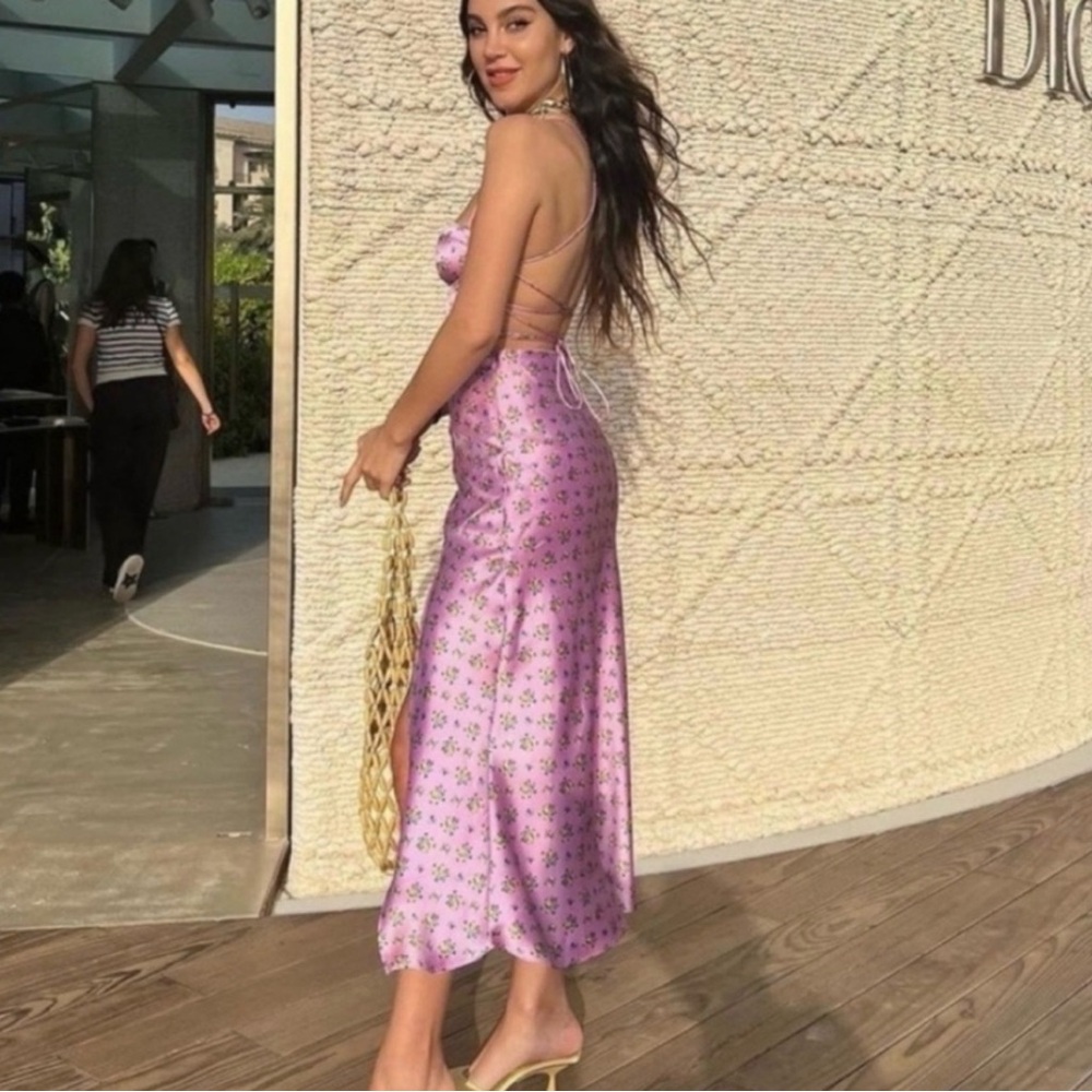Zara Purple Satin Floral Corset Style Lace-Up Open Back Thigh Slit Maxi Dress - Picture 1 of 7